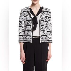 St John Elia Blazer Knitted Jacket Size P Black White Geometric 3/4 Sleeve